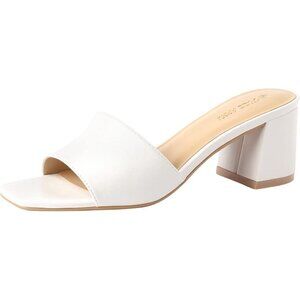 Women's Low Chunky Block Square Open Toe White Heeled Sandal Slip on Mules Shoes